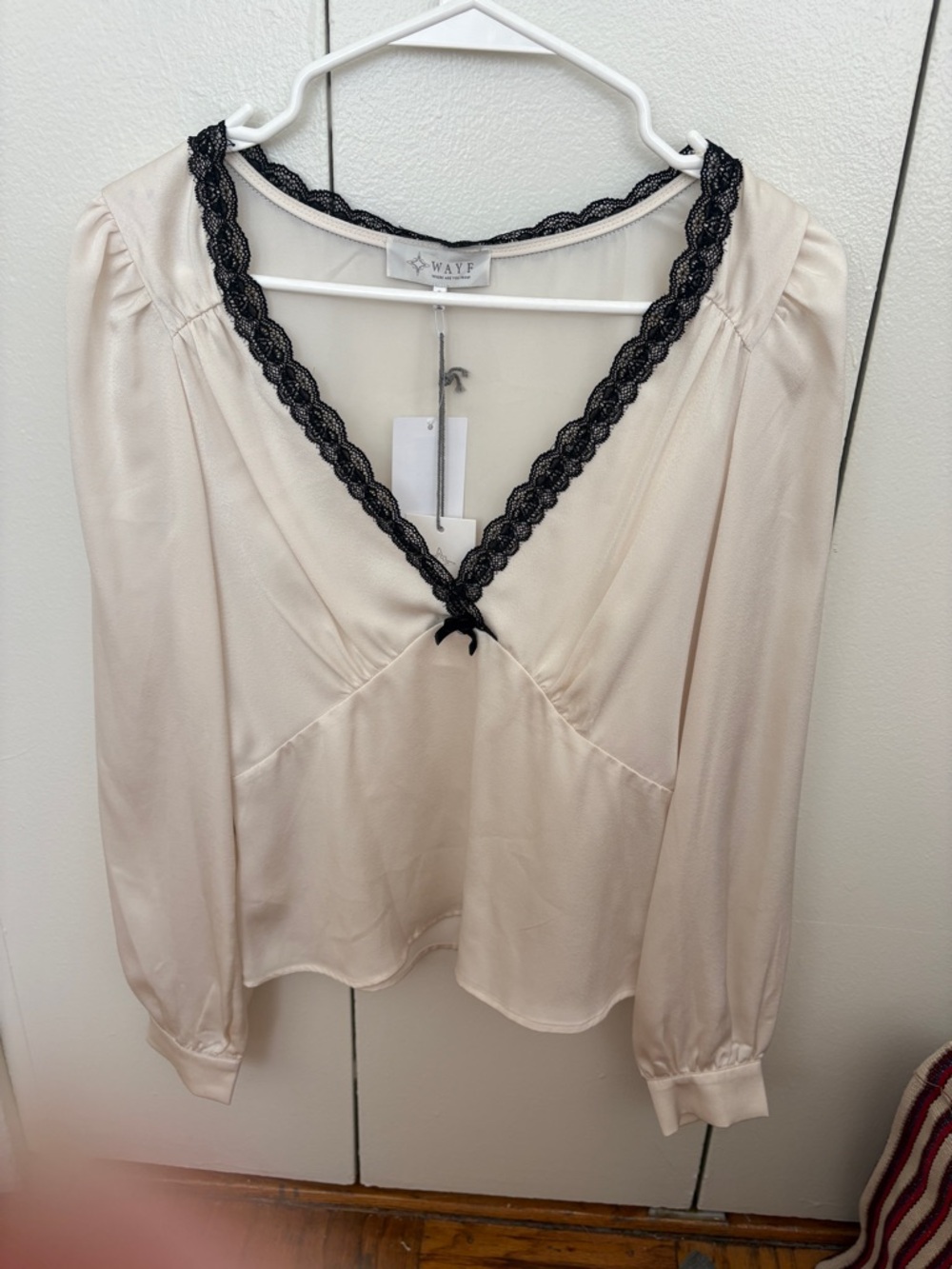 Wayf Cream V-Neck Top with Black Lace Trim